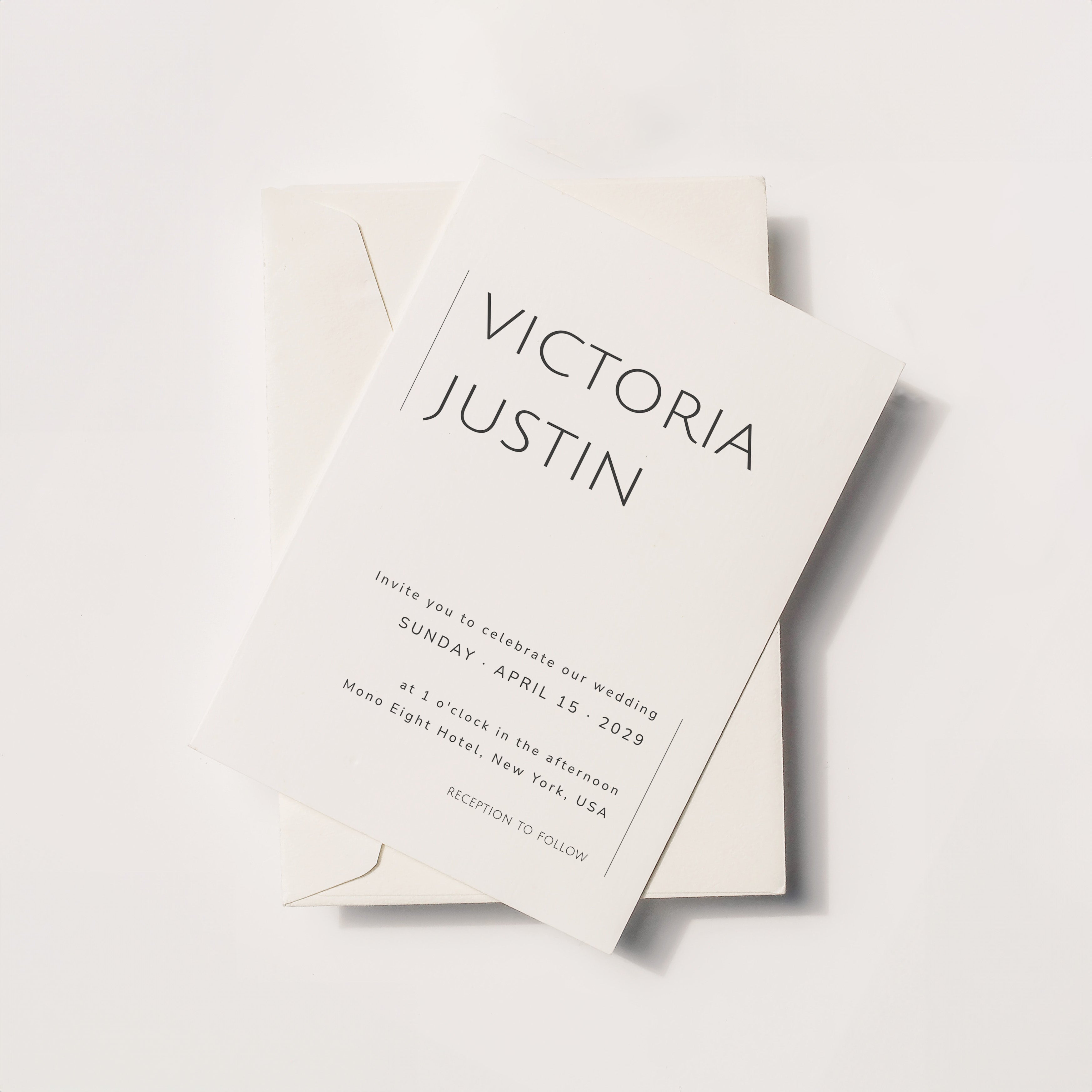 Minimal wedding invitation with modern sans serif typography and diagonal layout composition