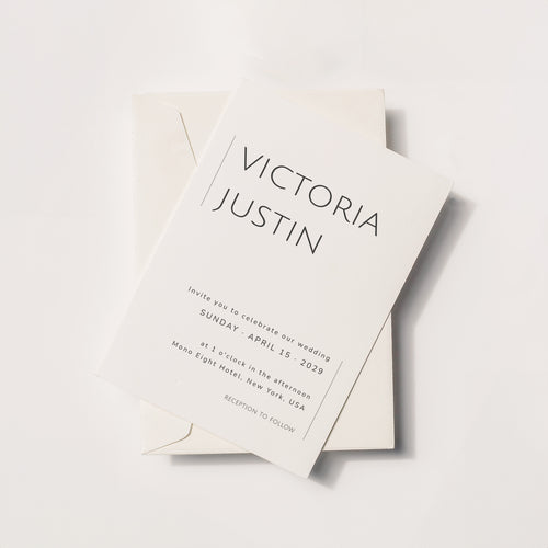 Minimal wedding invitation with modern sans serif typography and diagonal layout composition