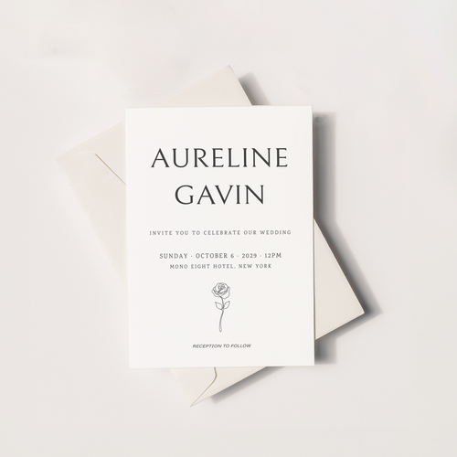 Wedding invitation card with envelope on a light gray background