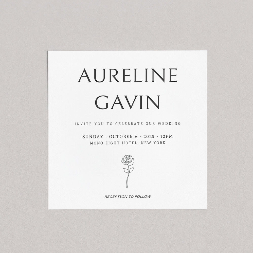 Wedding invitation card with 'Aureline Gavin' at top, rose illustration, and event details on a gray background