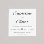 Wedding invitation card with 'Catherine and Oliver' on a gray background
