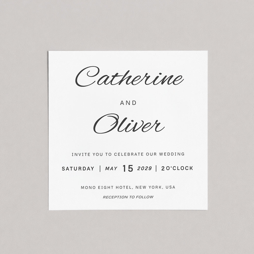Wedding invitation card with 'Catherine and Oliver' on a gray background
