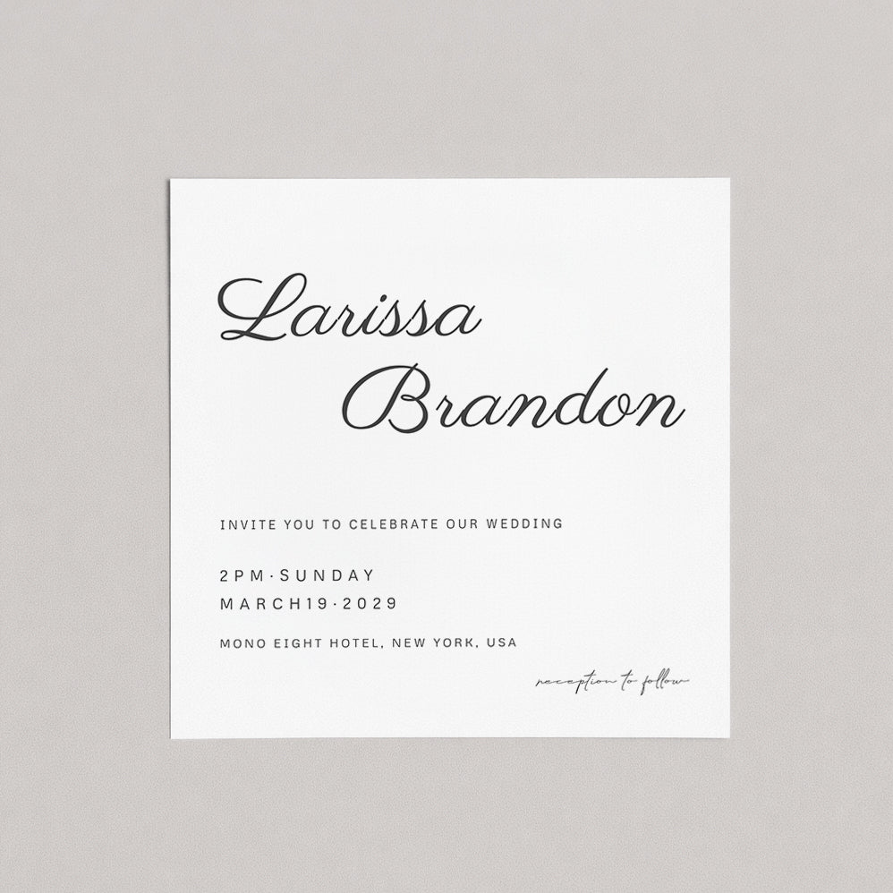Wedding invitation card with 'Larissa Brandon' at the top on a gray background