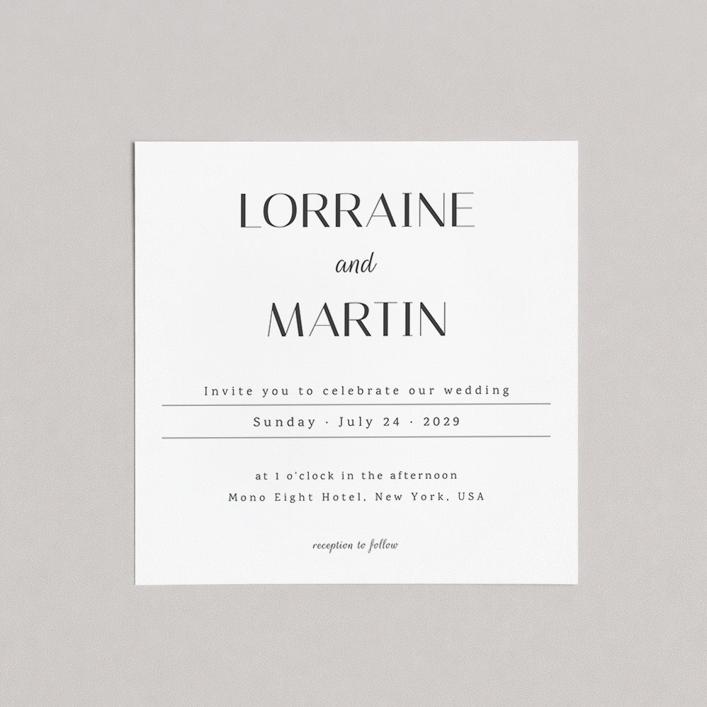Wedding invitation card with 'Lorraine and Martin' on a gray background