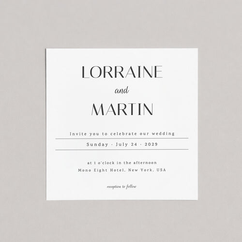 Wedding invitation card with 'Lorraine and Martin' on a gray background