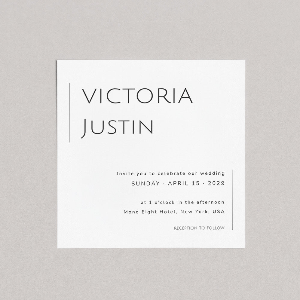 Wedding invitation card with 'Victoria Justin' on a gray background