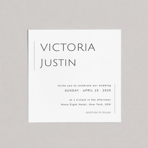 Wedding invitation card with 'Victoria Justin' on a gray background