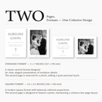 Product description of two-page designs by Aureline Gavin with text and images of a couple.