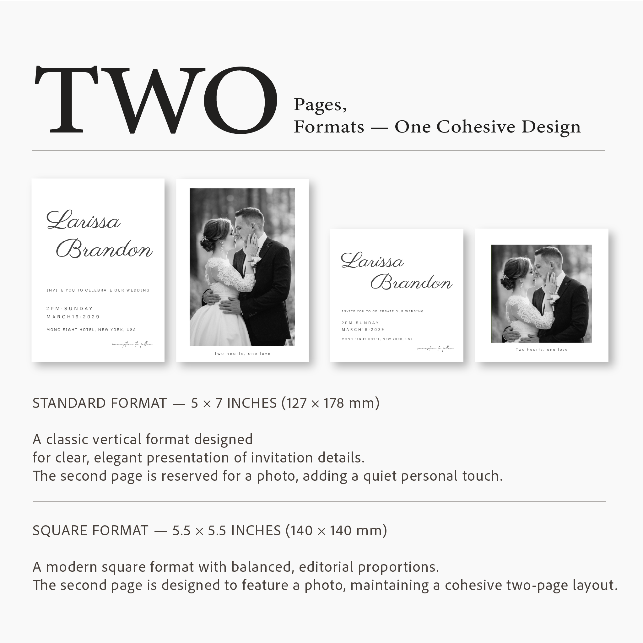 Two-page design with text and images of a couple, featuring Larissa and Brandon.