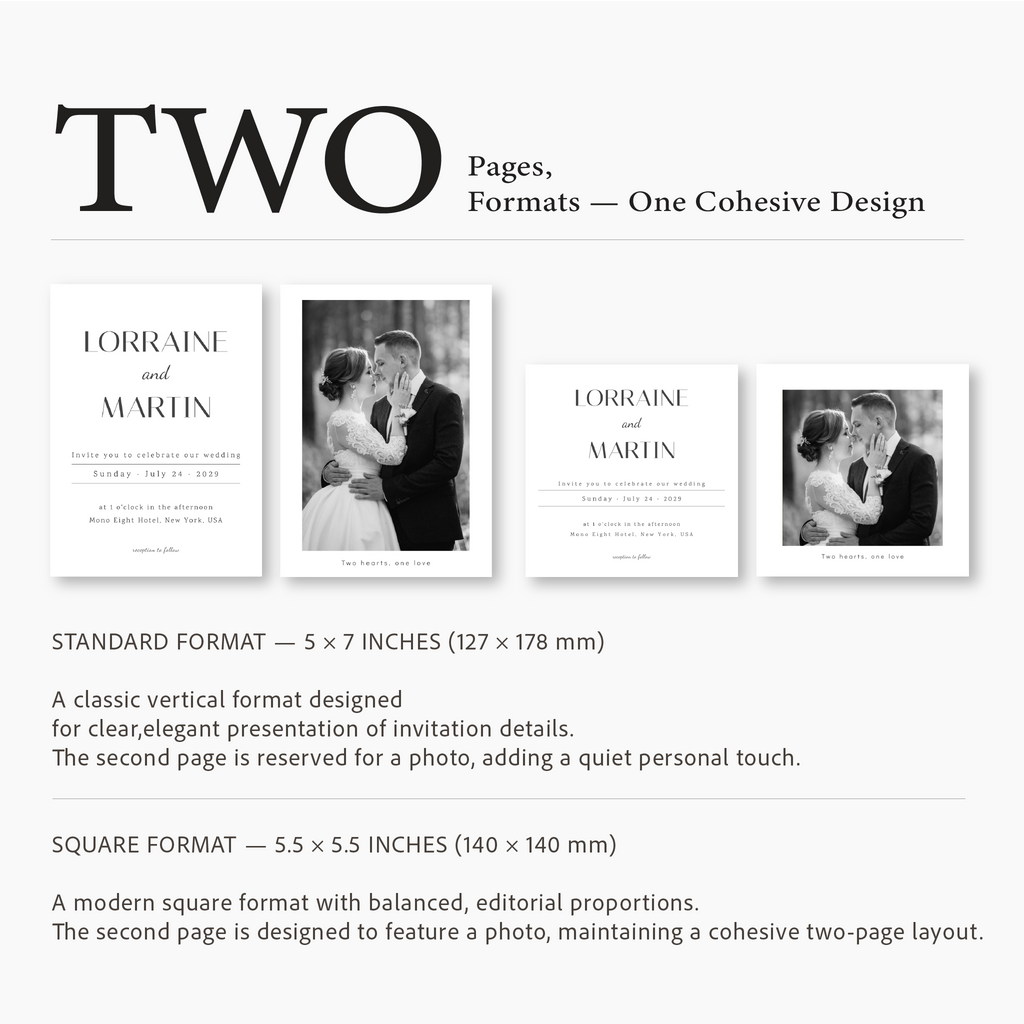 Two-page design with wedding invitation layout on a white background