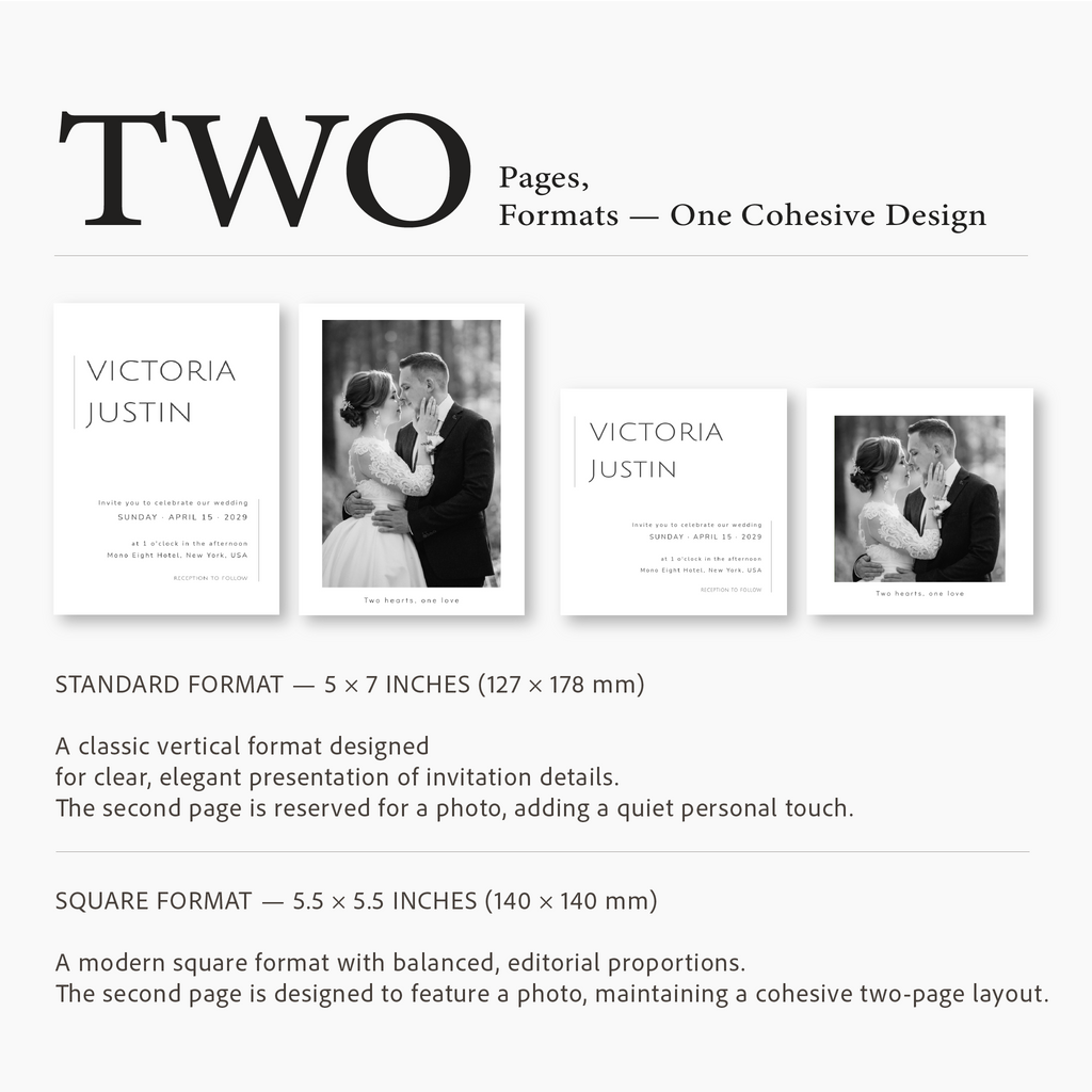 Promotional graphic for two-page designs by Victoria Justin with text and images of a couple.