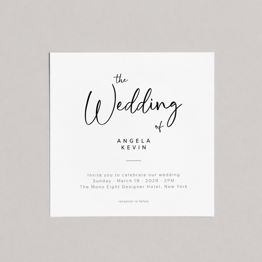 Modern wedding invitation design with handwritten script title, restrained body typography, and balanced vertical composition