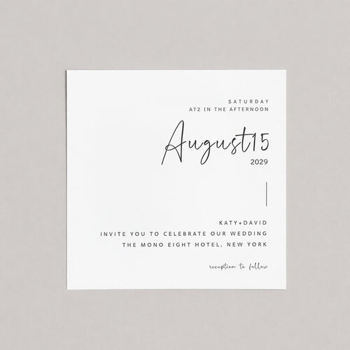Minimal wedding invitation featuring handwritten date typography, clean serif details, and centered modern layout