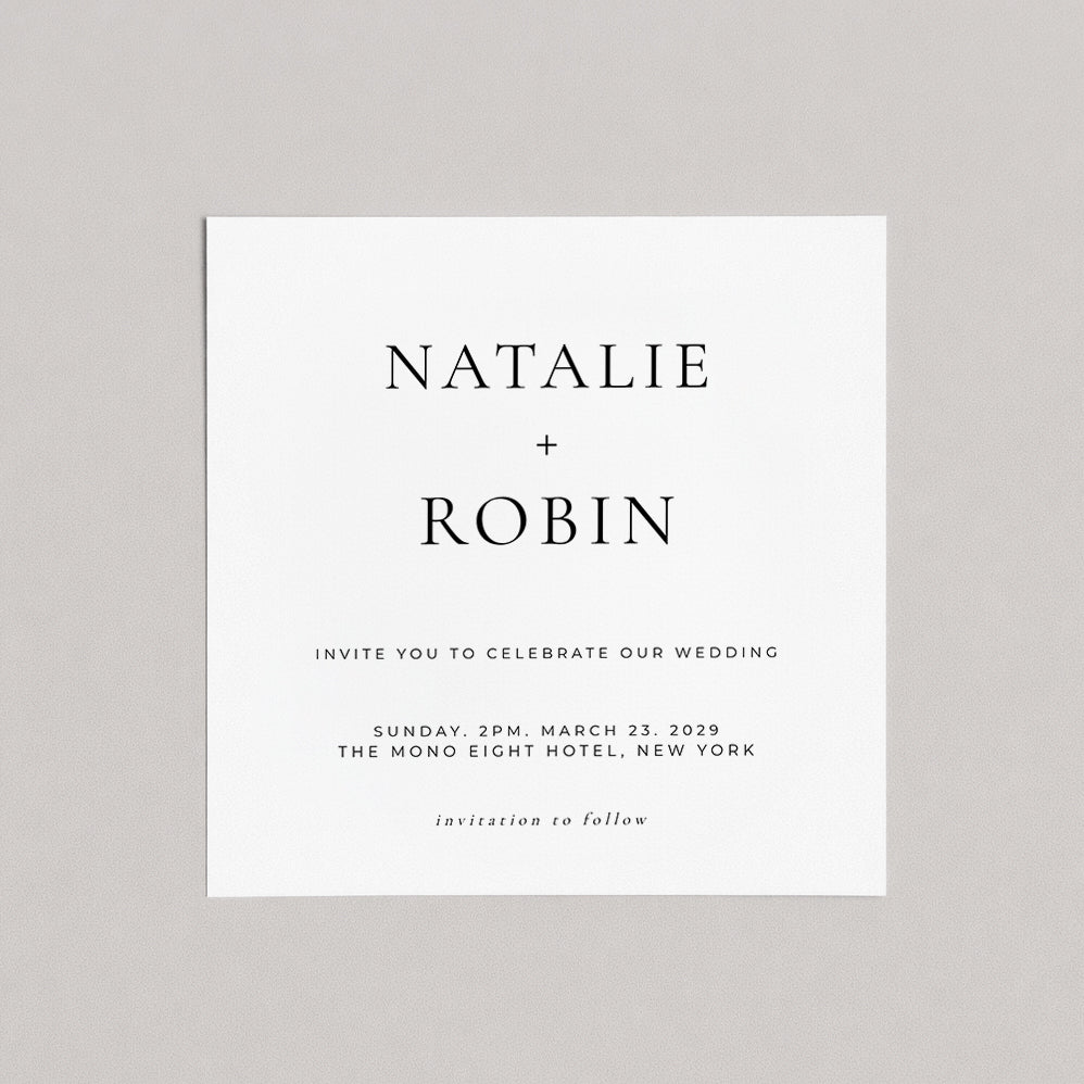 Graphic wedding invitation design featuring strong serif type and centered composition
