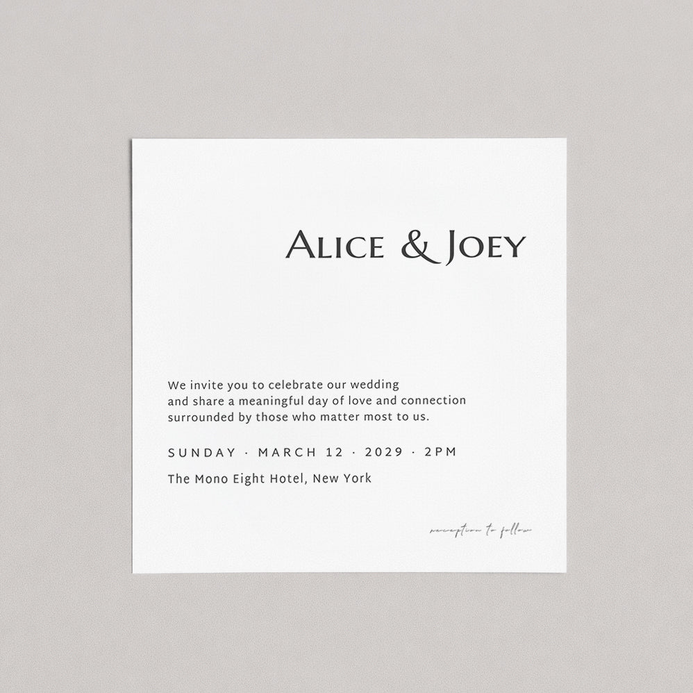 Modern luxury wedding invitation suite on neutral background, clean serif font design with envelope, timeless minimal aesthetic