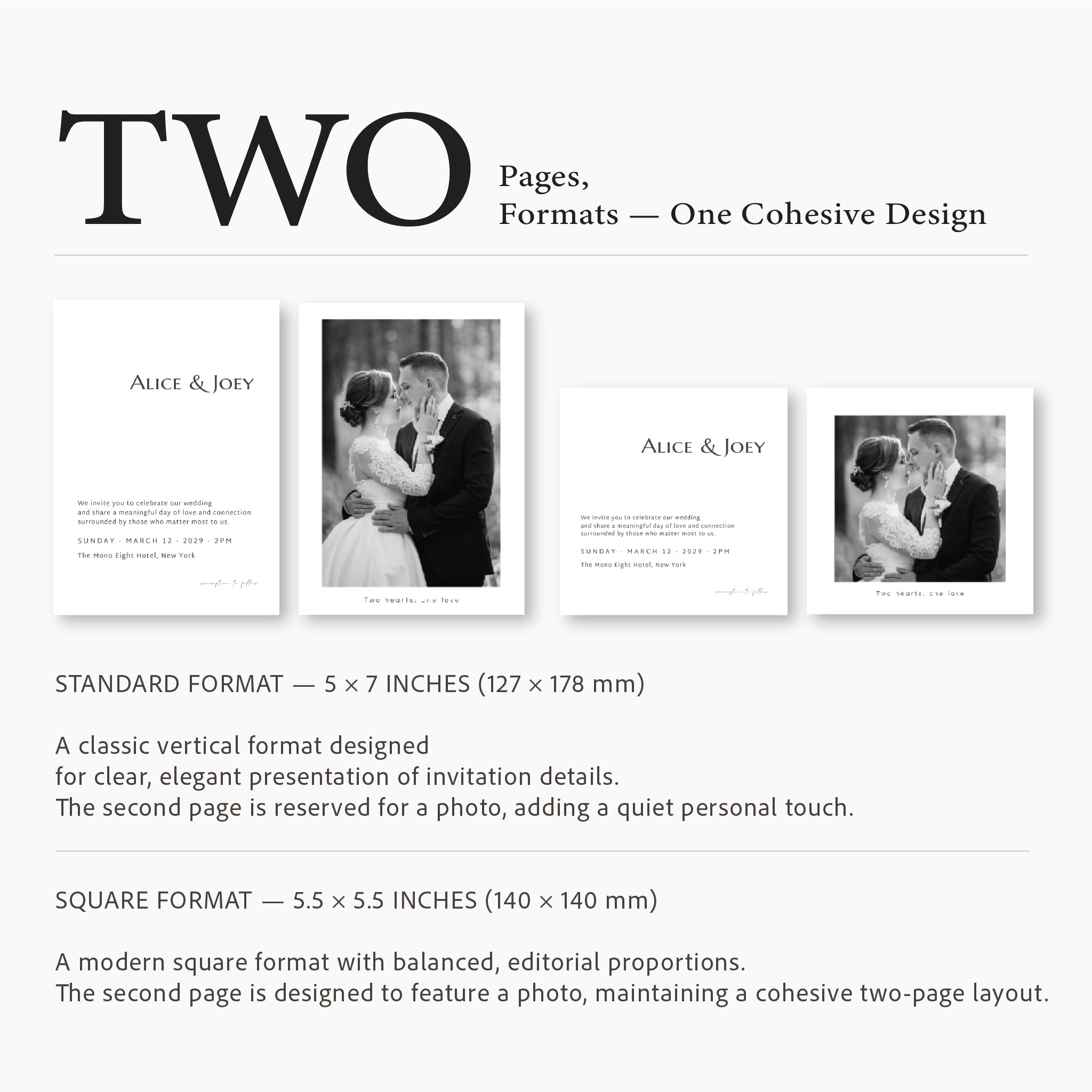 Editorial style wedding invitation mockup with ivory cardstock and soft shadows, refined minimalist typography design
