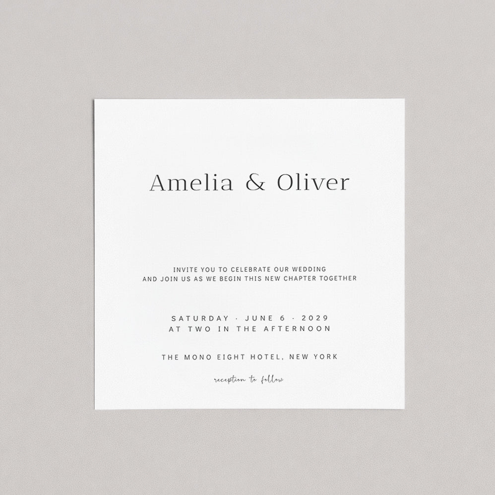 Minimalist wedding invitation template featuring elegant serif typography with Amelia & Oliver names, neutral modern design