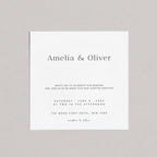 Minimalist wedding invitation template featuring elegant serif typography with Amelia & Oliver names, neutral modern design