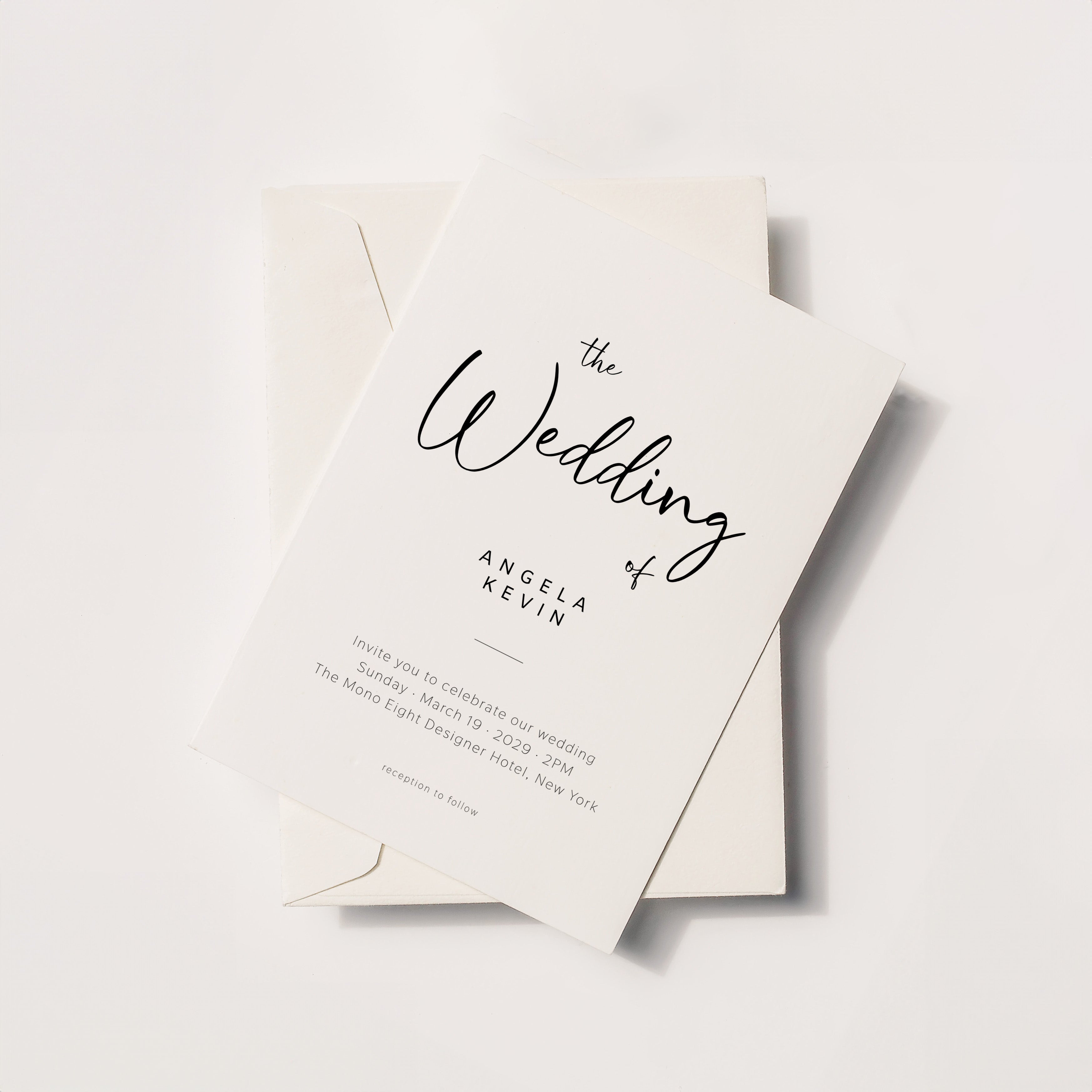 Minimal wedding invitation featuring expressive script headline, clean serif typography, and centered editorial layout