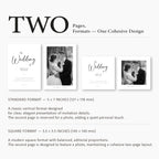 Clean wedding invitation layout highlighting script lettering, structured text alignment, and refined spacing