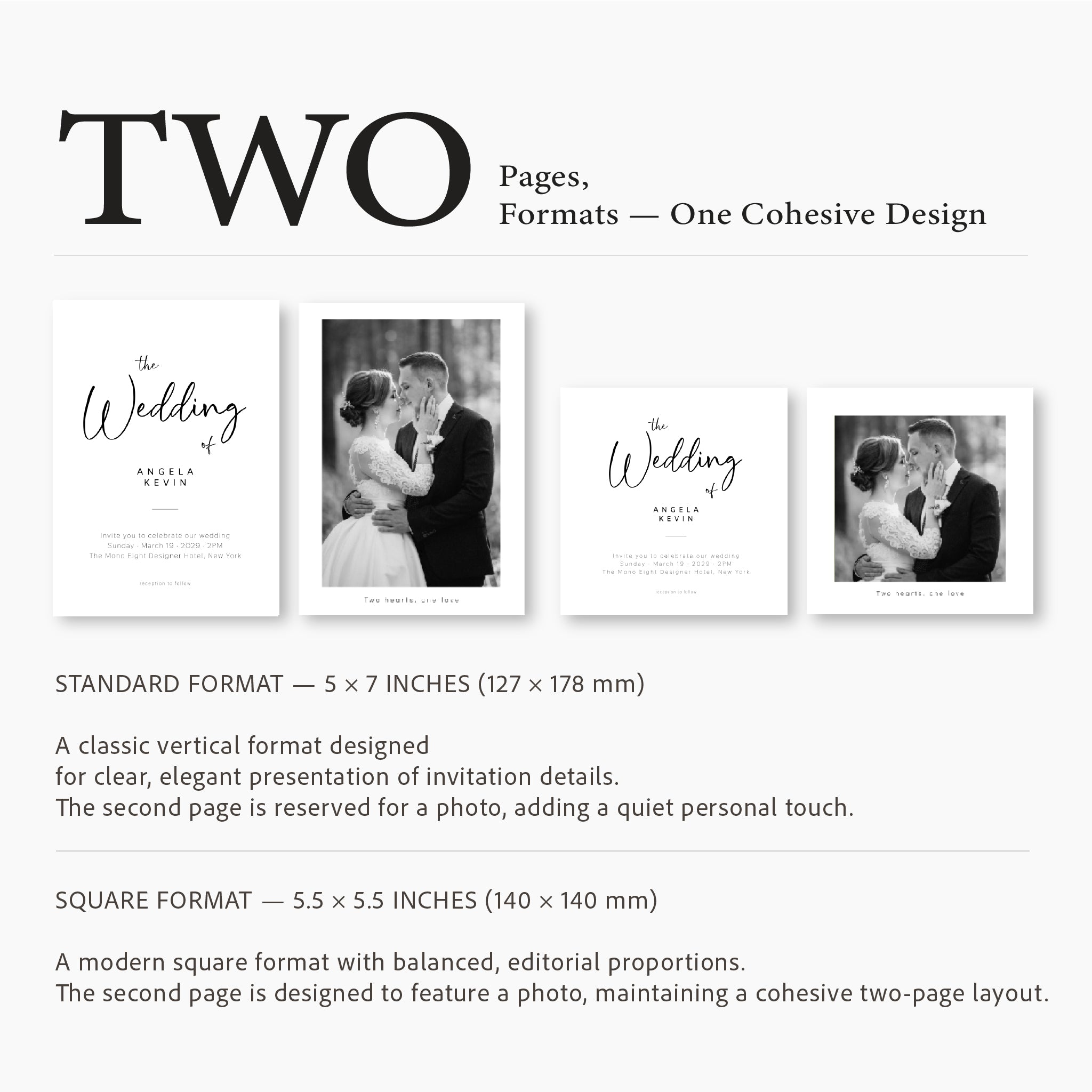 Clean wedding invitation layout highlighting script lettering, structured text alignment, and refined spacing