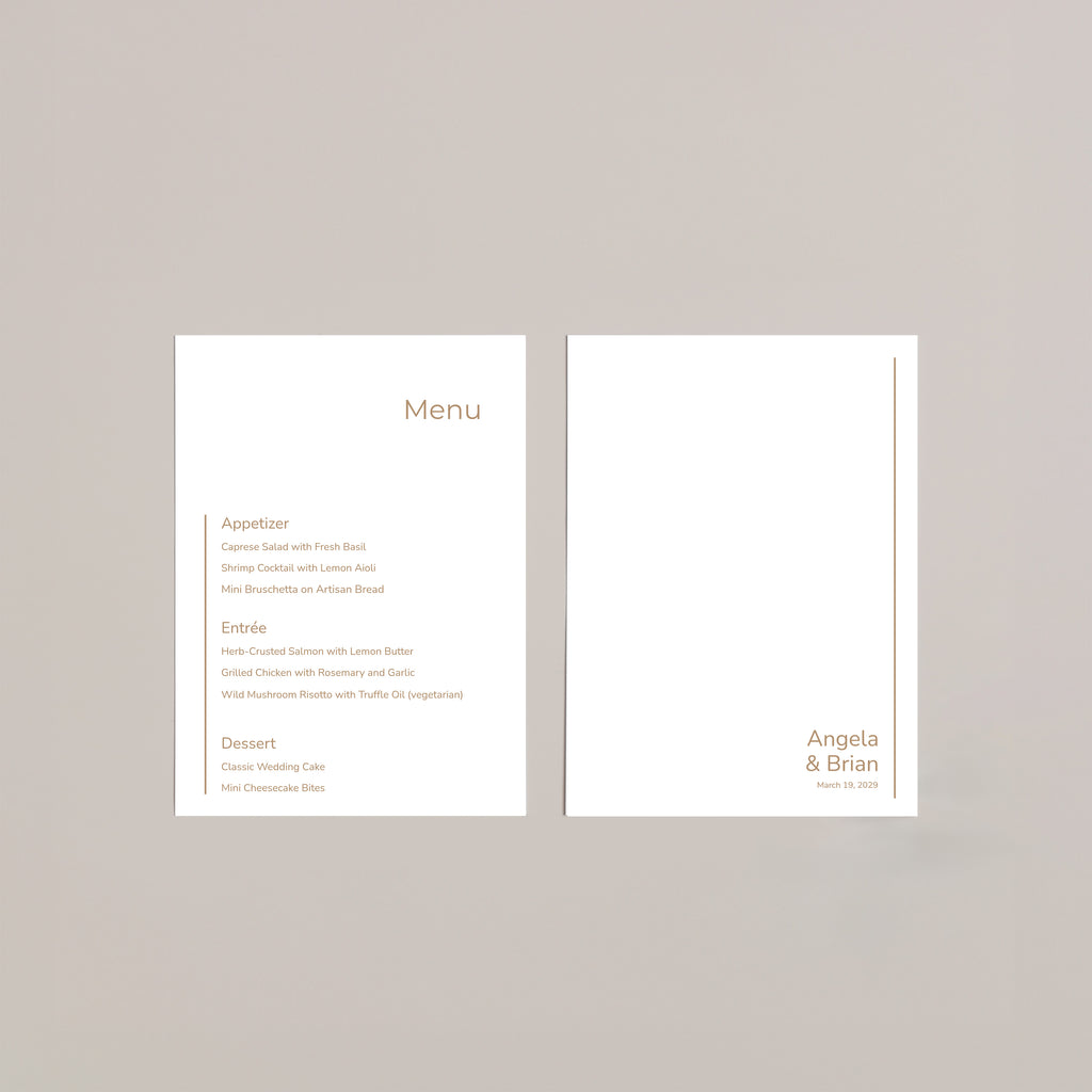 Two-sided wedding menu design featuring a clean menu layout and a minimal name card back with vertical line detail