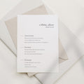 Minimal wedding menu with a right-aligned editorial layout, featuring refined typography, clear section dividers, and a calm, structured composition on soft white paper.