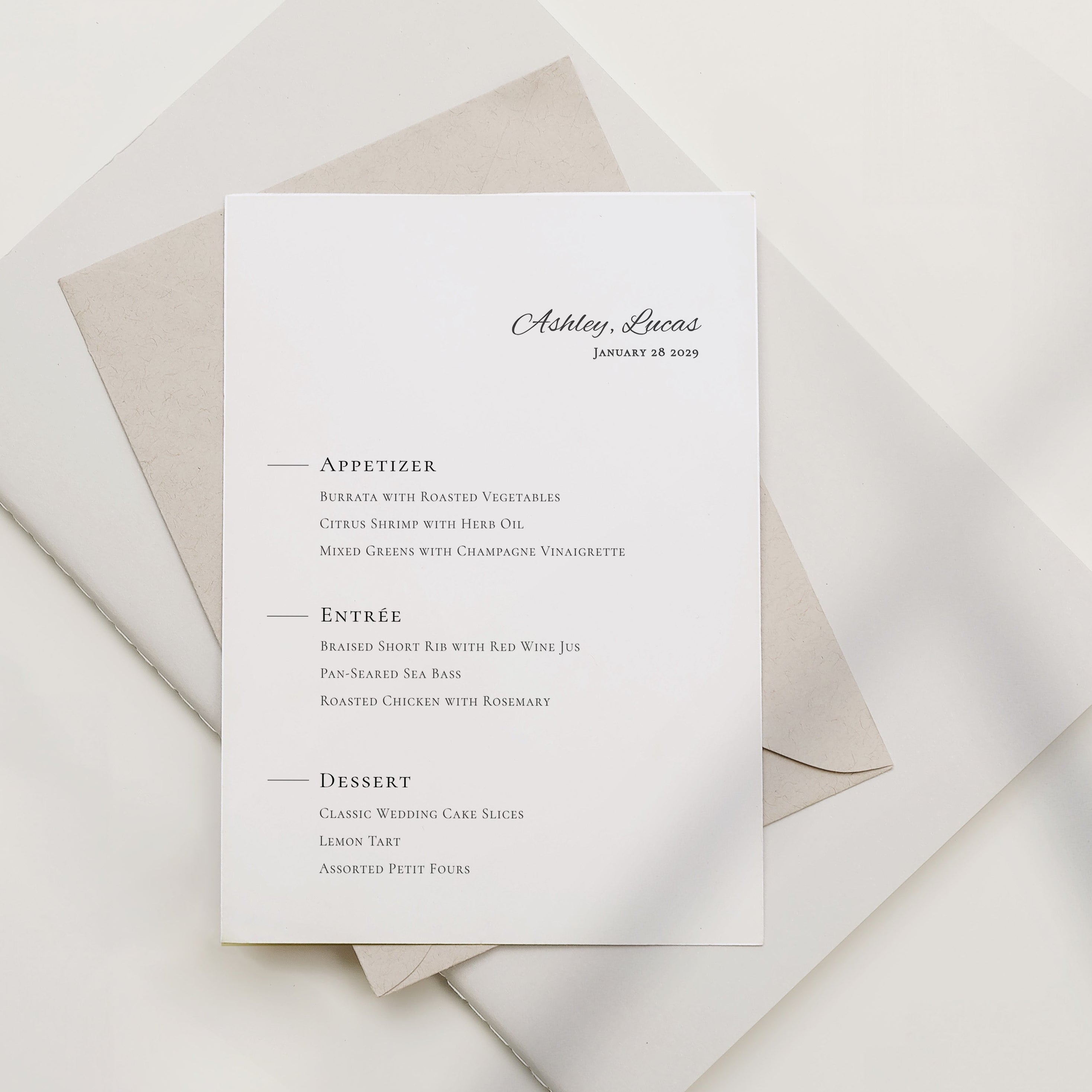 Minimal wedding menu with a right-aligned editorial layout, featuring refined typography, clear section dividers, and a calm, structured composition on soft white paper.