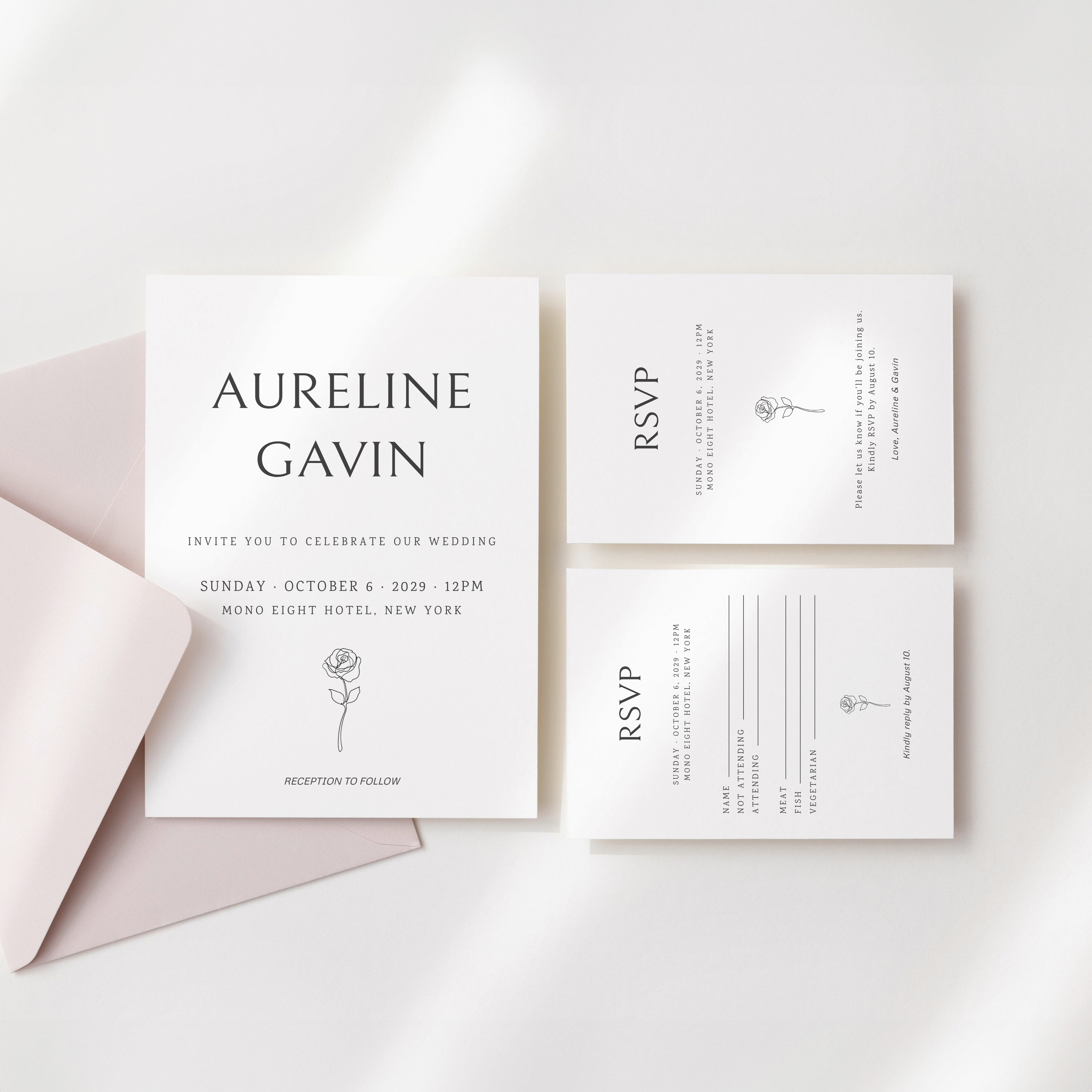 Minimal wedding invitation suite, RSVP card, details card, modern serif typography, neutral wedding stationery