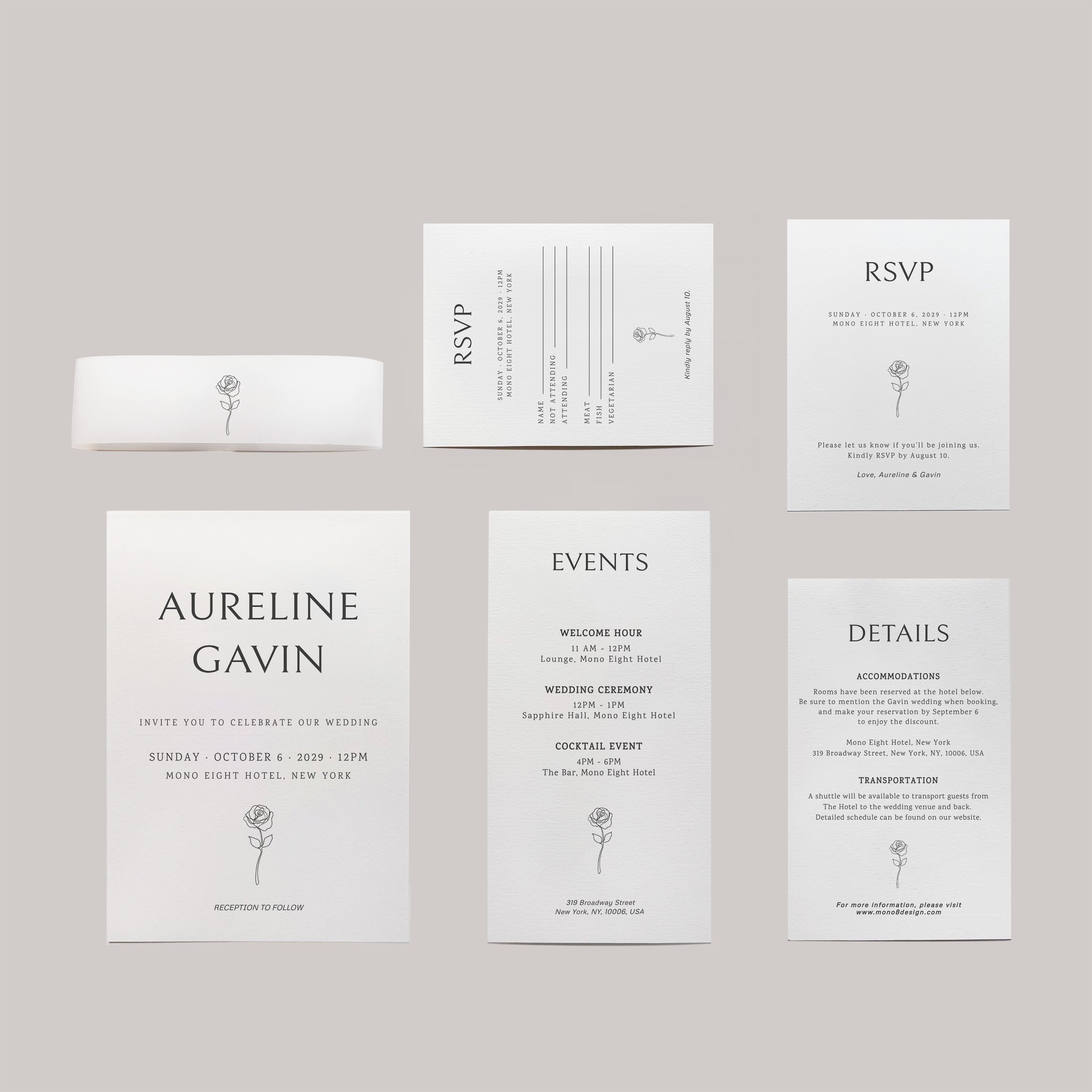 Elegant wedding invitation set with RSVP card, details card, and envelope, minimalist floral design