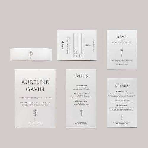 Elegant wedding invitation set with RSVP card, details card, and envelope, minimalist floral design