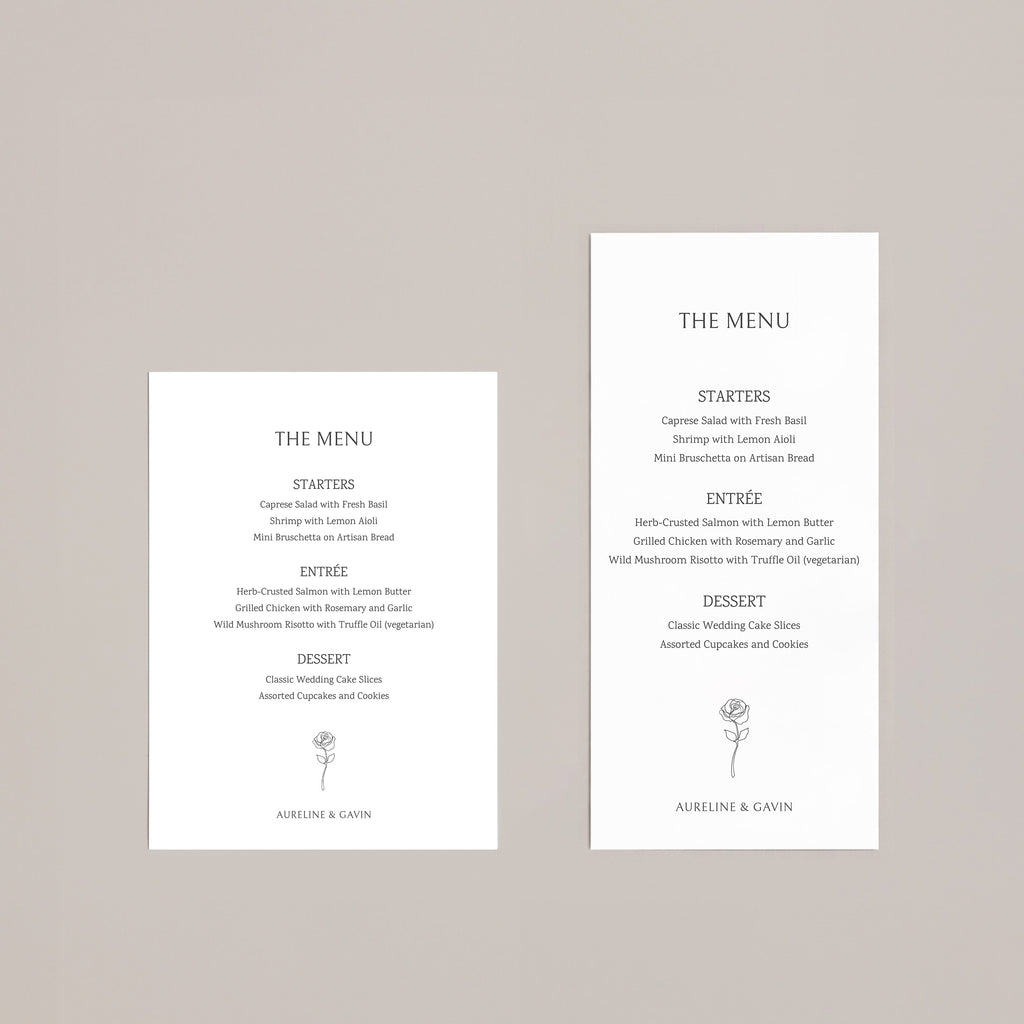 Minimal wedding menu design with centered serif typography, elegant spacing, and a delicate rose line illustration, presented in a refined neutral paper setting