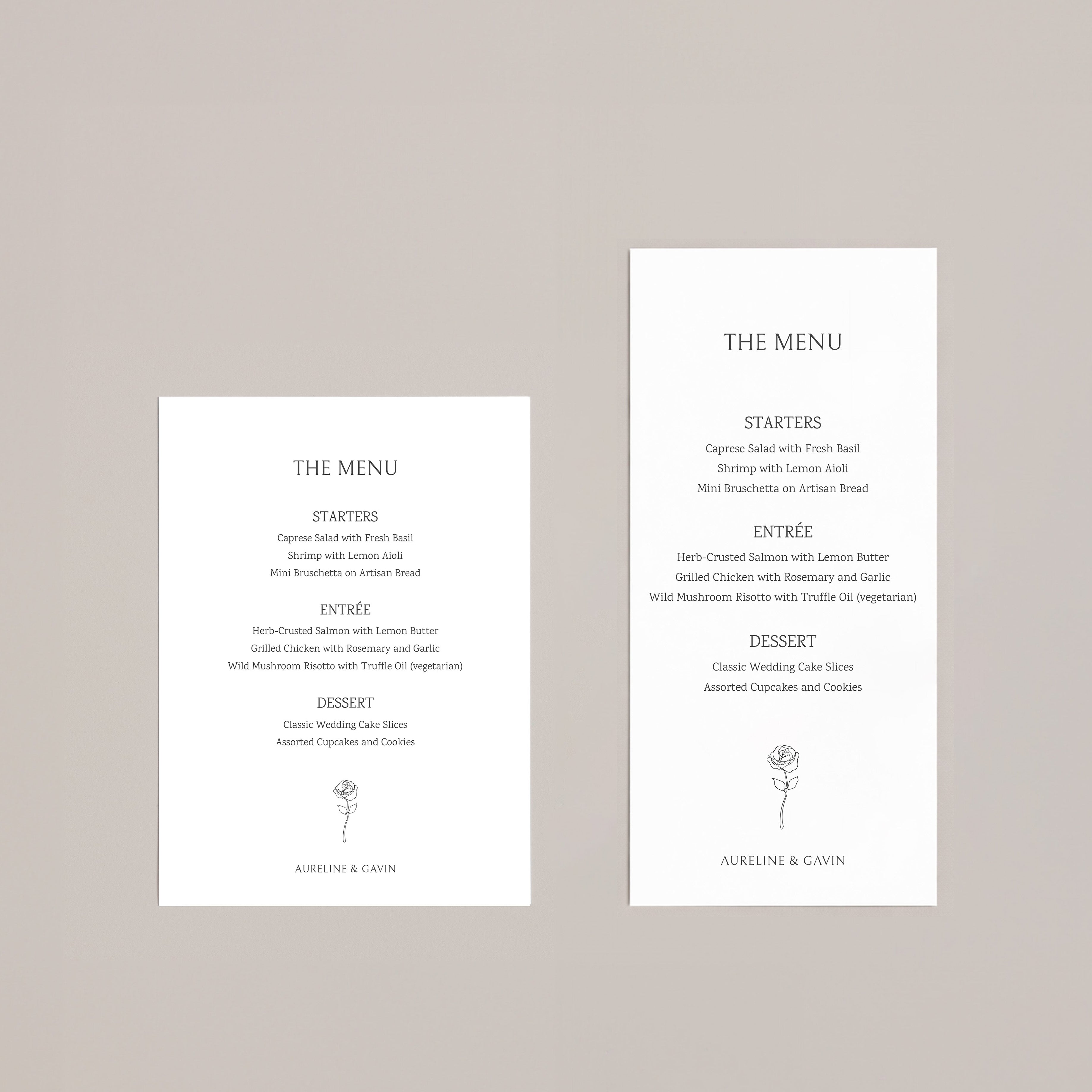 Minimal wedding menu design with centered serif typography, elegant spacing, and a delicate rose line illustration, presented in a refined neutral paper setting