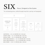 Design system for wedding invitation cards with dimensions and layout.