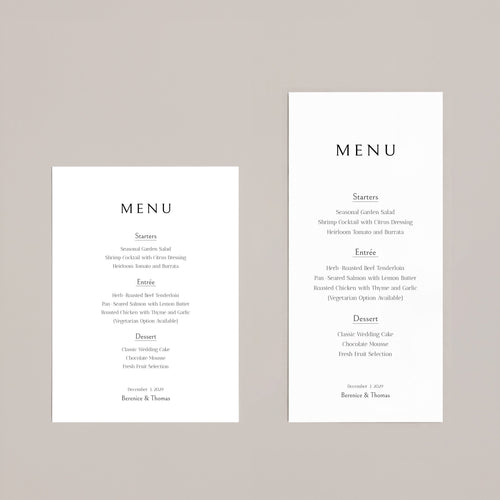 Two different sizes of white wedding menu cards with black text on a beige background