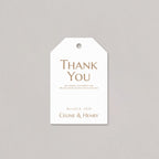 White tag with gold text 'Thank You' and personalized details on a gray background