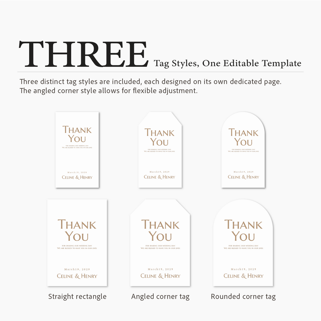 Three distinct 'Thank You' tag styles on a white background with text describing the features.