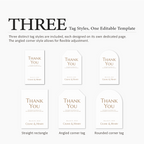 Three distinct 'Thank You' tag styles on a white background with text describing the features.
