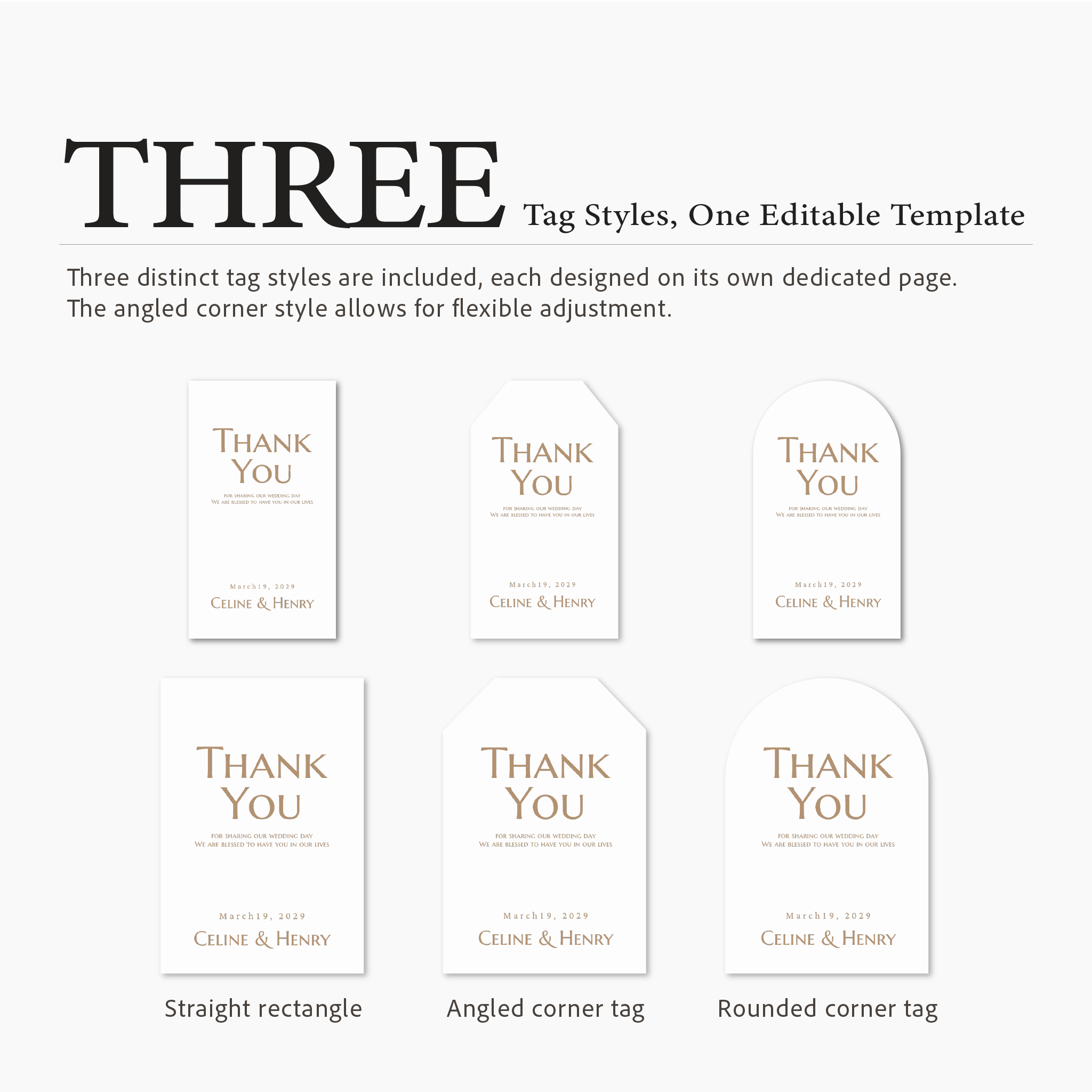 Three distinct 'Thank You' tag styles on a white background with text describing the features.