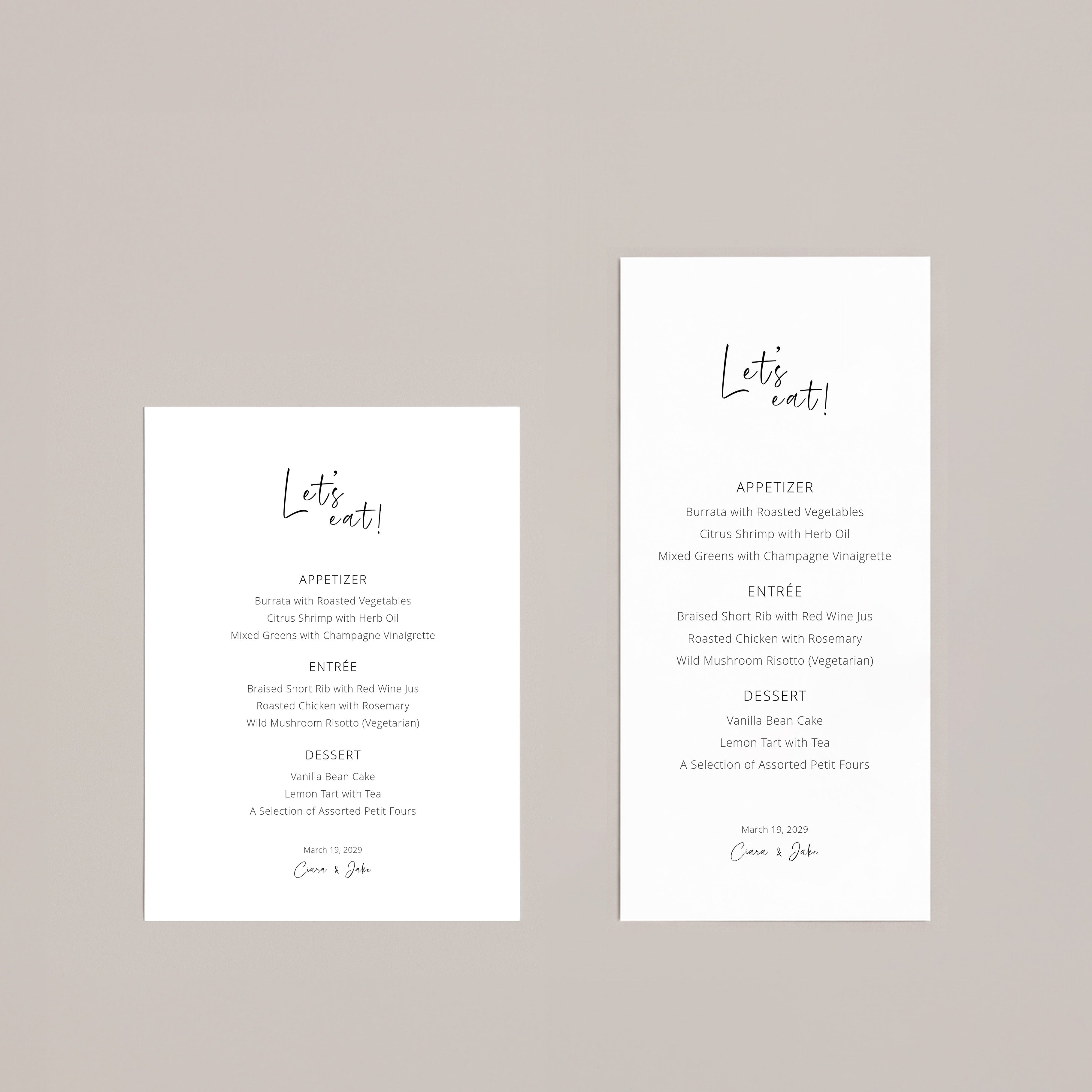 Two white menu cards with 'Let's eat!' text on a beige background