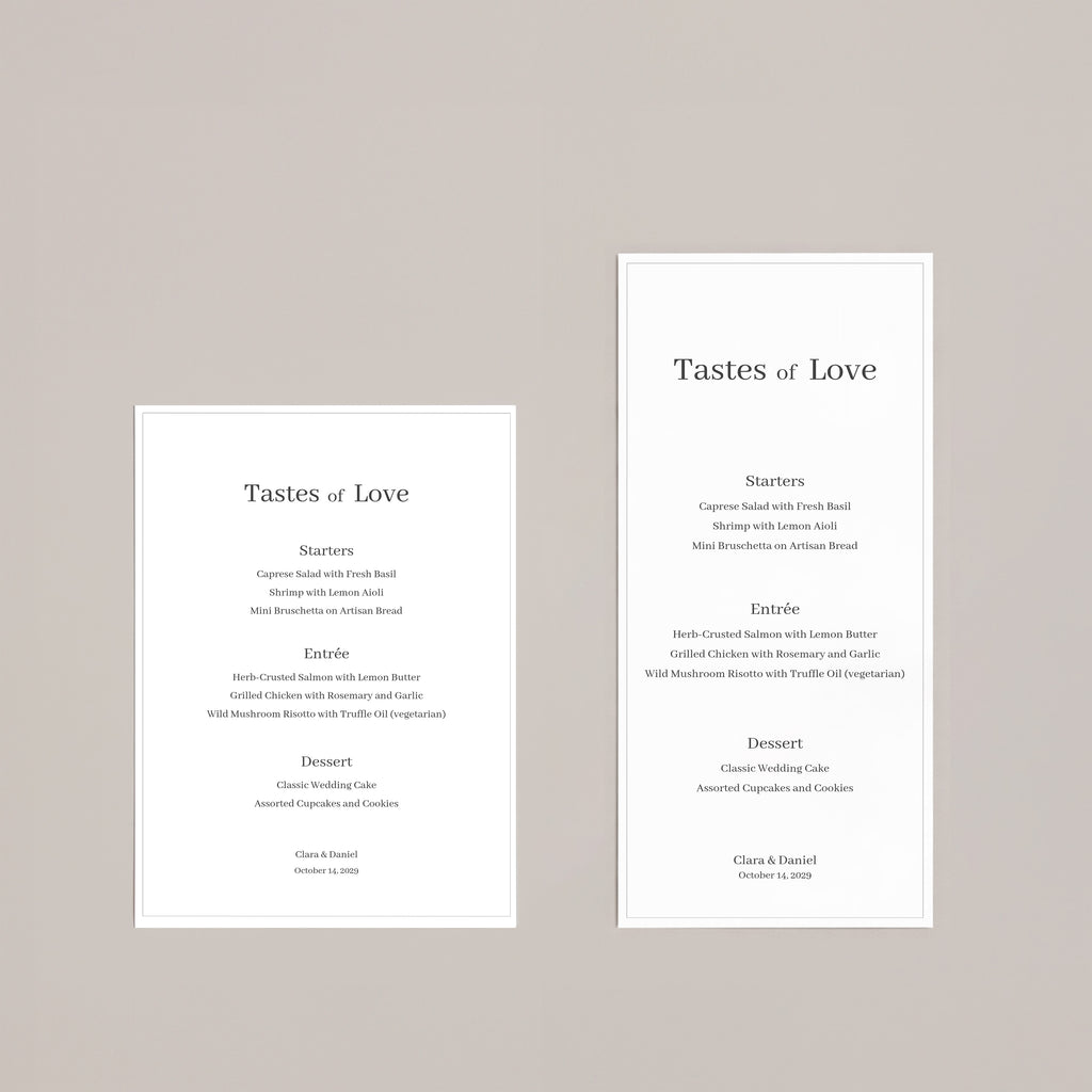 Elegant minimalist wedding menu with a centered serif design, featuring the title “Tastes of Love” on off-white paper, styled with neutral envelopes for a modern, timeless table setting.