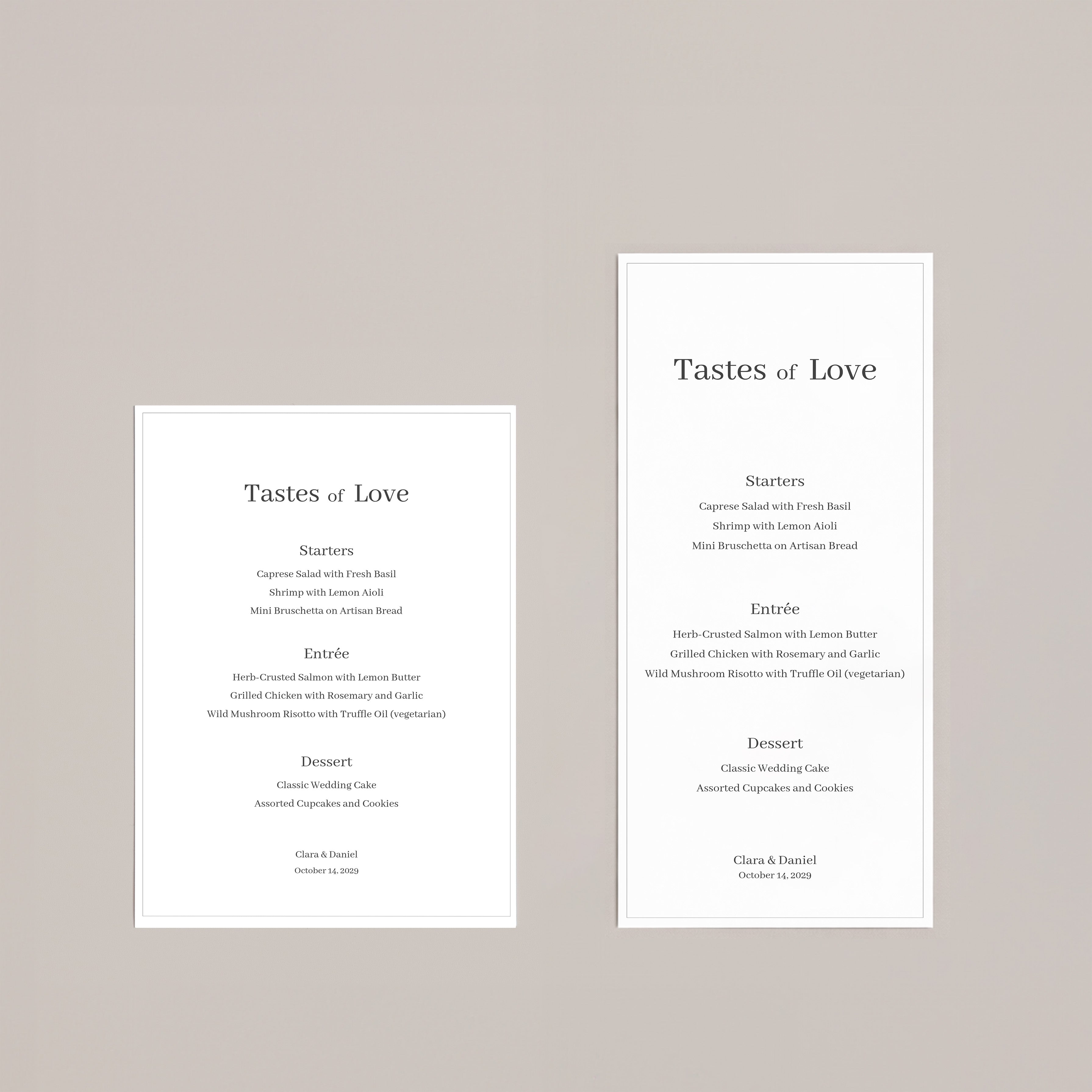 Elegant minimalist wedding menu with a centered serif design, featuring the title “Tastes of Love” on off-white paper, styled with neutral envelopes for a modern, timeless table setting.