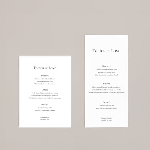 Elegant minimalist wedding menu with a centered serif design, featuring the title “Tastes of Love” on off-white paper, styled with neutral envelopes for a modern, timeless table setting.