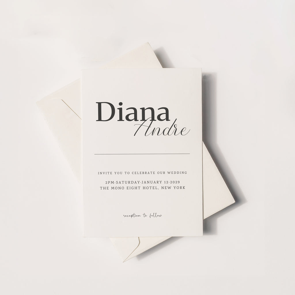Minimal wedding invitation with bold serif first name and flowing script second name, centered typography layout with thin horizontal rule and clean date and venue details