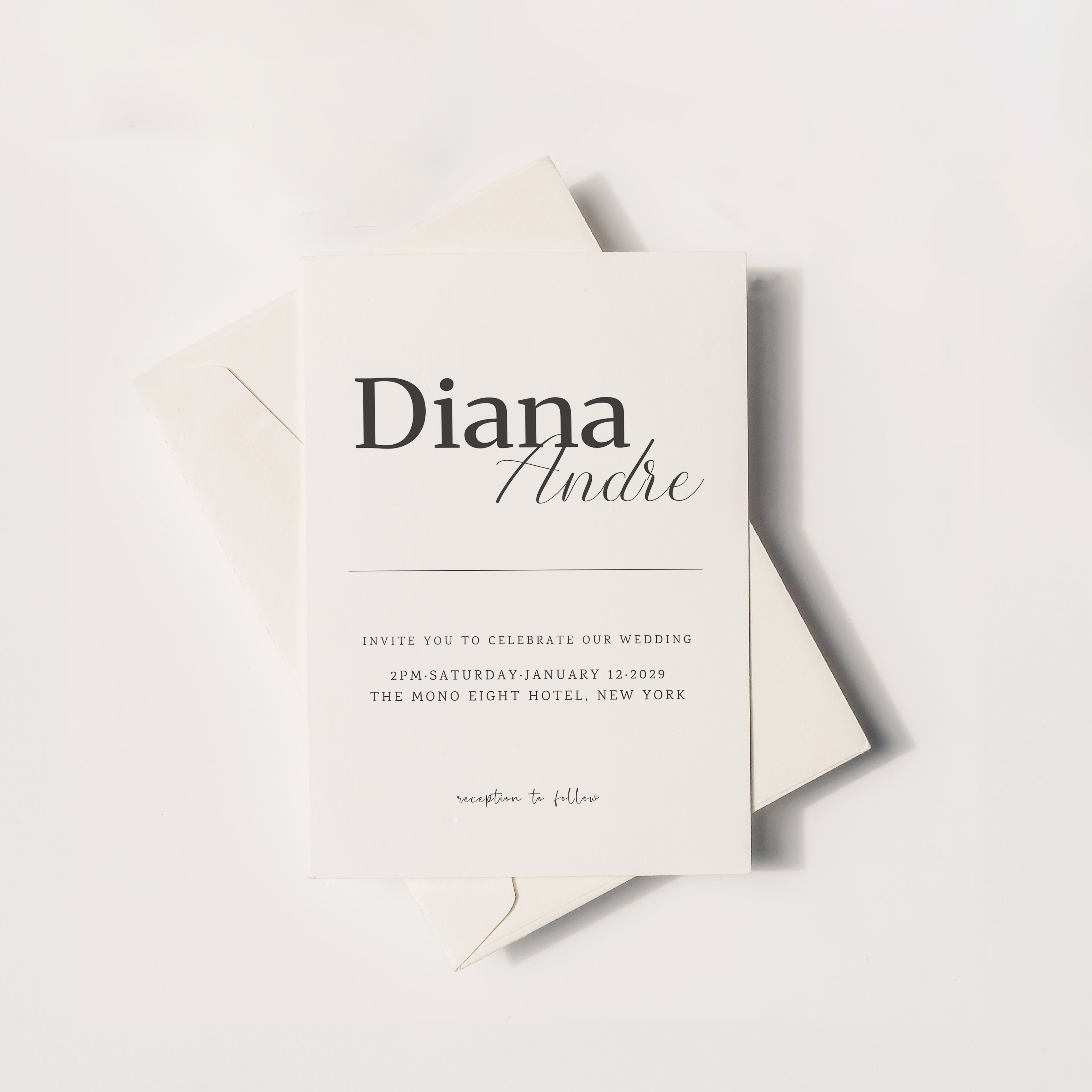 Minimal wedding invitation with bold serif first name and flowing script second name, centered typography layout with thin horizontal rule and clean date and venue details