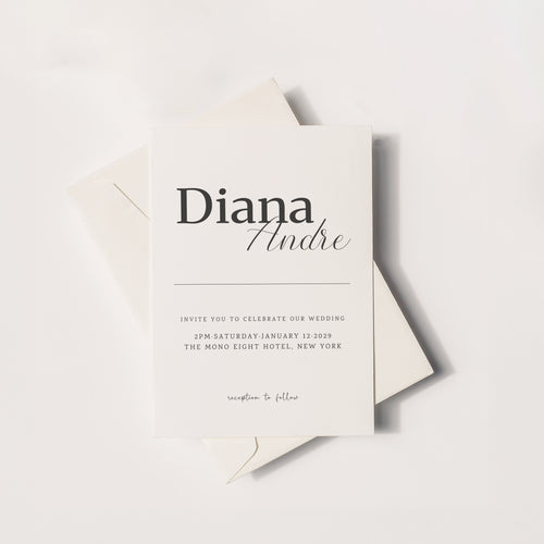 Minimal wedding invitation with bold serif first name and flowing script second name, centered typography layout with thin horizontal rule and clean date and venue details
