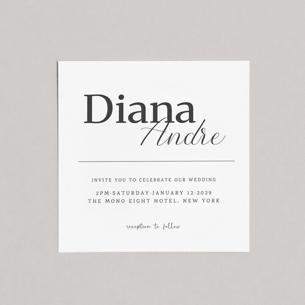 Minimal wedding Square invitation featuring mixed serif and script typography with strong name hierarchy and centered layout