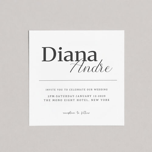 Minimal wedding Square invitation featuring mixed serif and script typography with strong name hierarchy and centered layout