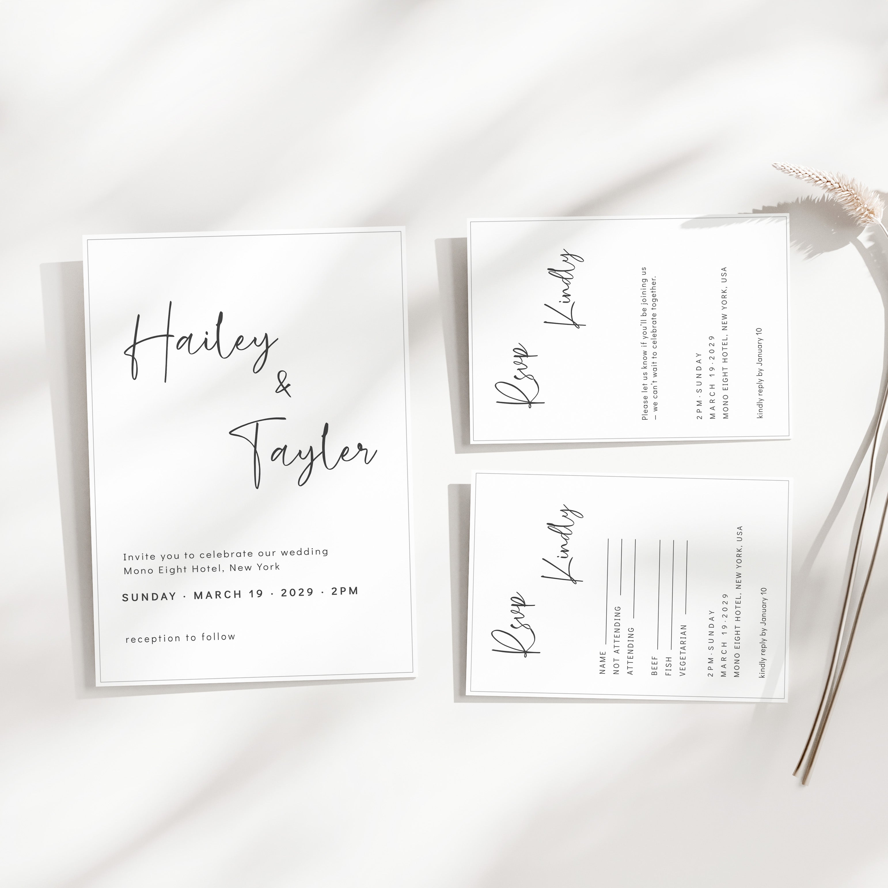 Minimal wedding invitation suite with RSVP and details card, clean modern typography, neutral paper textures, editorial flat lay wedding stationery