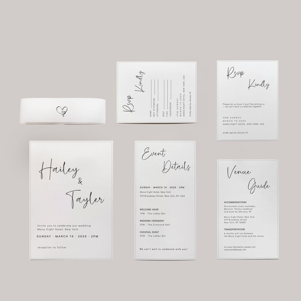 Minimal modern wedding invitation suite with RSVP card, refined typography and calm spacing, editorial flat lay wedding stationery